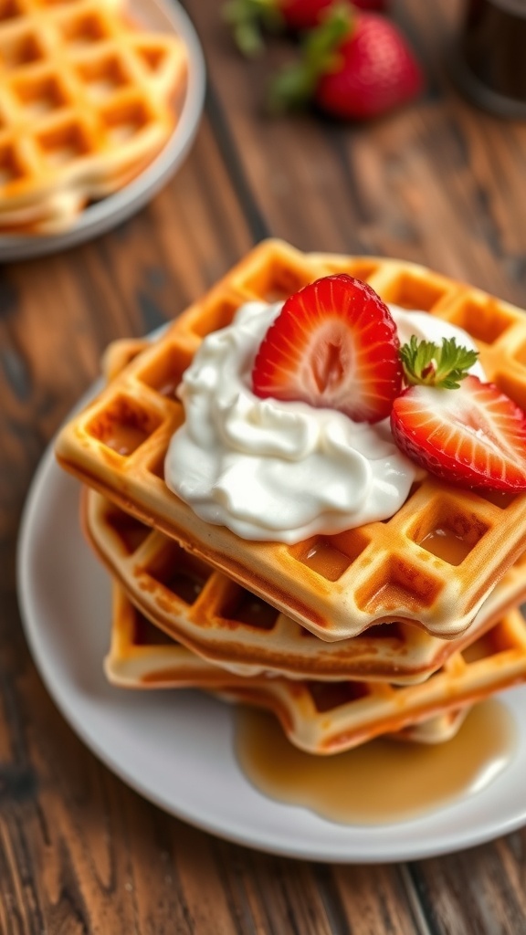 Crispy Waffles Recipe A stack of crispy waffles topped with strawberries and whipped cream on a rustic table.
